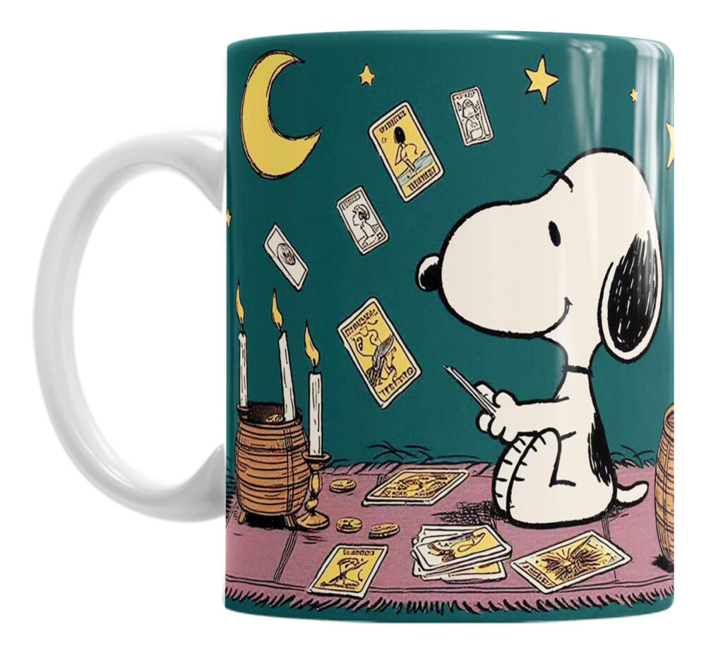 Taza Cerámica Snoopy Tarot Cartas Luna Estrellas Perro