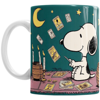 Taza Cerámica Snoopy Tarot Cartas Luna Estrellas Perro