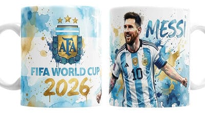 Taza Messi Cerámica Mundial 2026 Figurita Argentina Campeón Blanco Messi Argentina